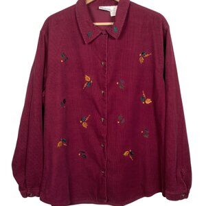 Bobbie Brooks Shirt XL Button Up Embroidered Leaf Leaves Maroon Corduroy Nature